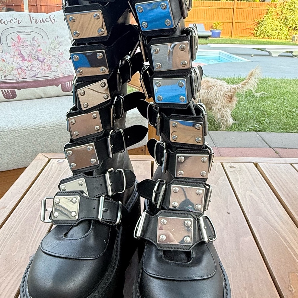 Demonia Black Platform Knee High Buckle Studded Boots Women’s US 10